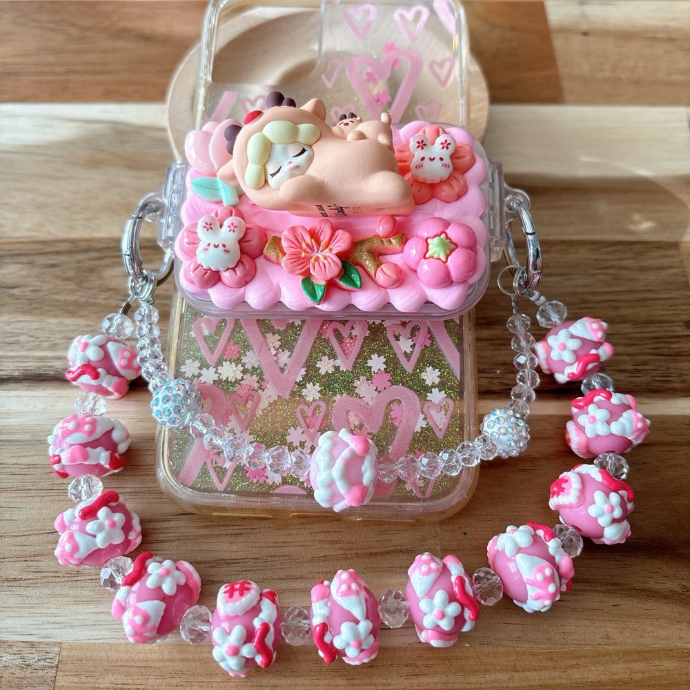 Handmade Kawaii double chain Beans Deco Phone Back Clip with flip mirror